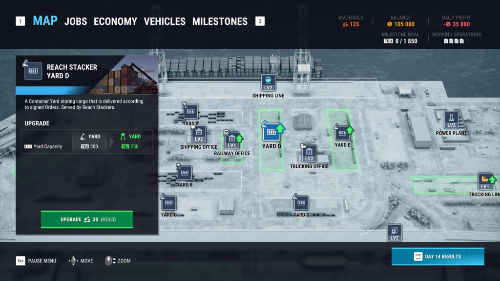 A map view of the dock. The HUD shows daily profit, as well as current funds. The player is upgrading one of their storage yards.