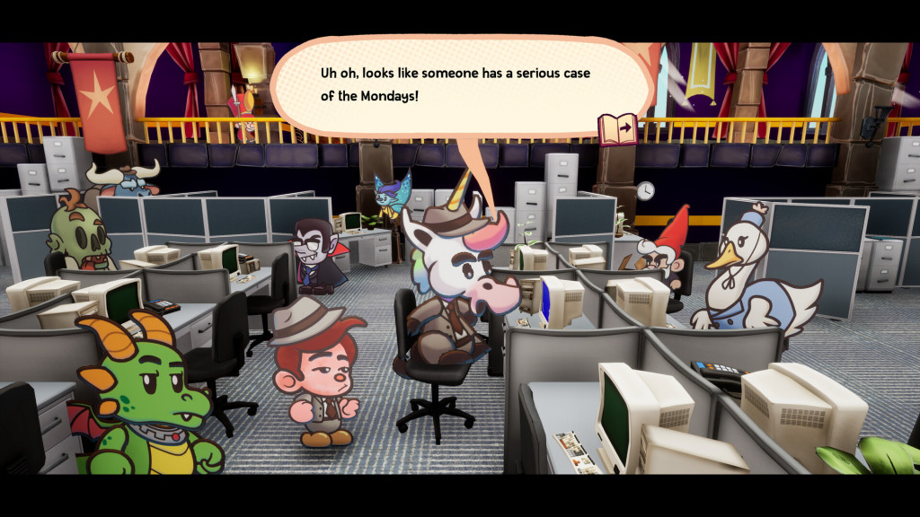 Flynn inside the offices of Ever After Inc. A unicorn in a suit chats with a goose.