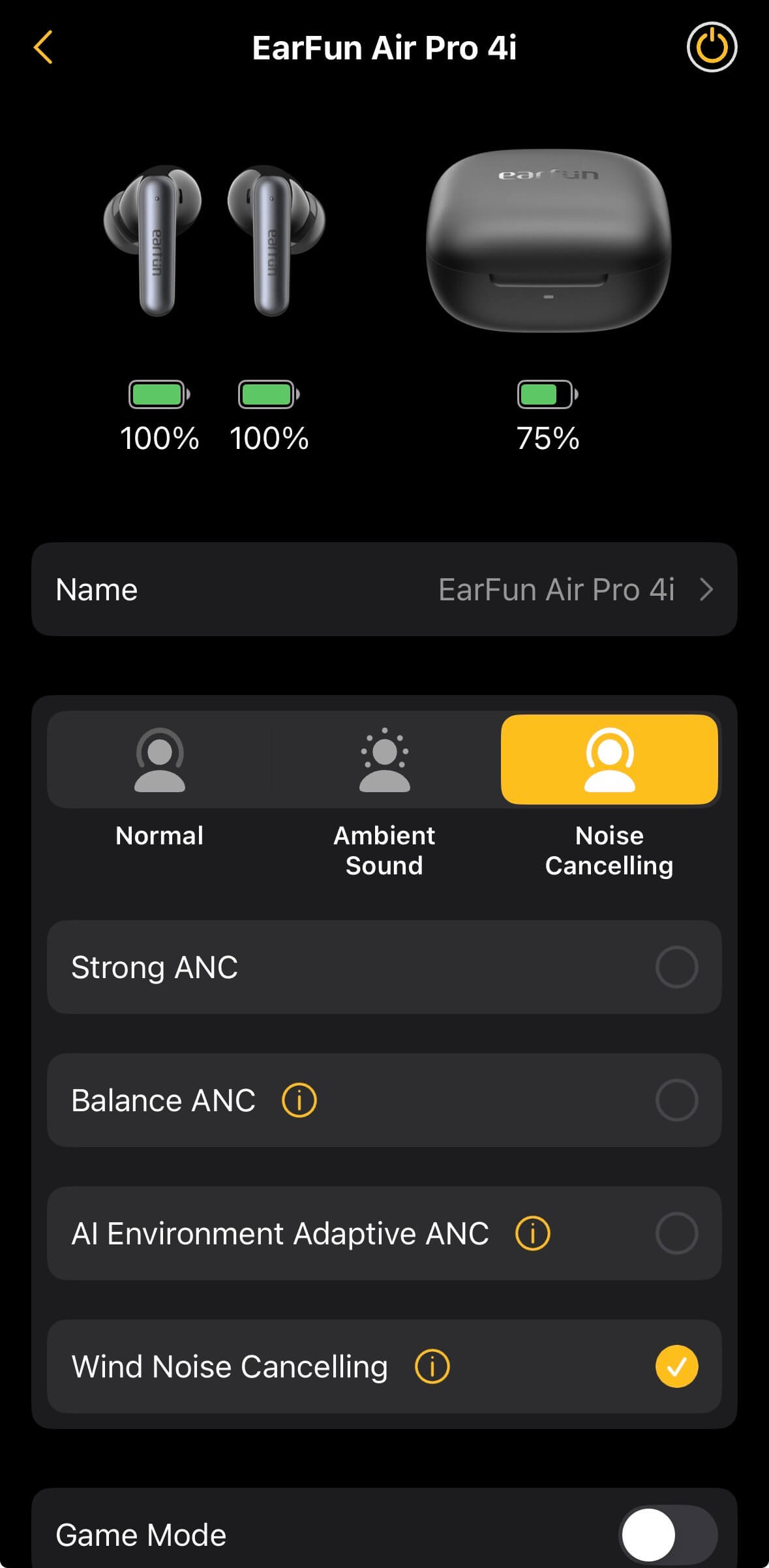 This image shows a screenshot taken from the 'Ear Fun' application. This shows the battery percentage of both the case and the earbuds. It also shows different options that can be selected such as noise cancelling options.