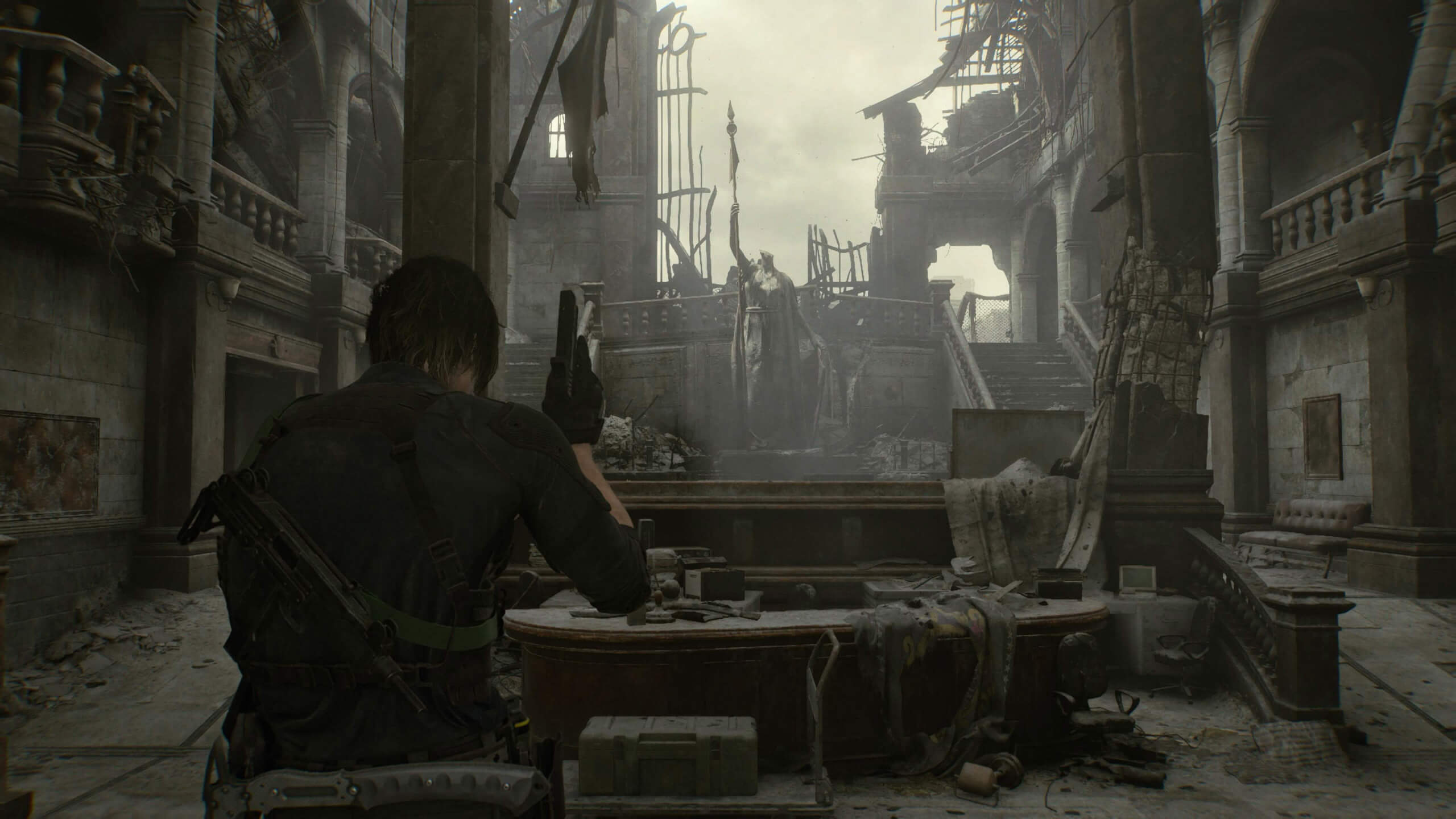 A character is aiming a gun inside a dilapidated building, filled with debris and broken structures. The atmosphere is dark and haunting, with light filtering through broken windows.