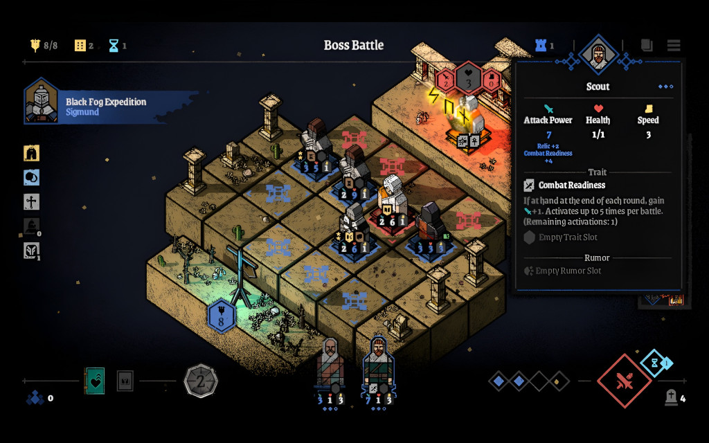 Boss‑battle screen from Piece of Mind showing a grid‑based battlefield with blue player units and red enemy units positioned on coloured tiles. The Black Fog Expedition led by Sigmund is listed on the left. The selected unit, Scout, is shown on the right with stats: attack power 7, health 1/1, speed 3, relic bonus +2, and Combat Readiness bonus +4. The trait description explains that the unit gains +1 attack power when kept in hand at the end of a round, up to five times per battle, with one activation remaining. Empty slots for additional traits and rumours sit beneath the description. The layout presents a tactical view focused on positioning, stats, and turn‑based decision‑making.