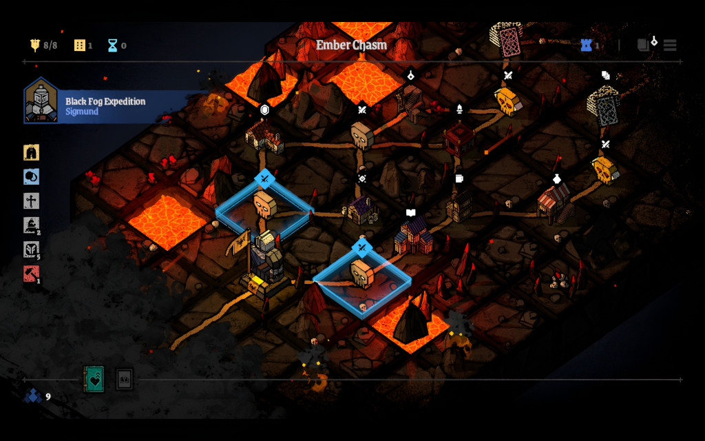 Top‑down map screen titled Ember Chasm showing dark volcanic terrain with glowing lava channels and branching paths. Blue crossed‑sword icons mark upcoming battles, while small structures and resource nodes sit along the routes. The active expedition, Black Fog Expedition led by Sigmund, is highlighted at the top. Left‑hand sidebar displays inventory icons with quantities, including bombs, shields, and a red token. The top bar shows eight trophies, one scroll, and no hourglasses. Card in the lower left shows a heart symbol and a blue icon with the number nine. The interface presents a strategic route‑planning view with multiple interactable points.