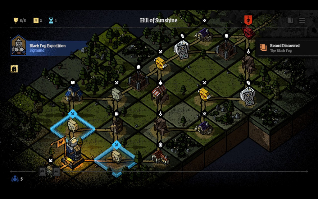 Screenshot from Master of Piece showing a Grid‑based board titled Hill of Sunshine showing mixed terrain, including forests, roads, coloured‑roof buildings, and skull icons marking danger tiles. The current expedition, Black Fog Expedition led by Sigmund, is highlighted in the lower left within a blue‑bordered region beside a flag and tower marker. Counters in the top left display eight flags, two dii, and one hourglass. The notification on the right reads “Record Discovered: The Black Fog.” Various icons such as swords, books, and scrolls appear across the map, indicating different actions or missions available on each tile.