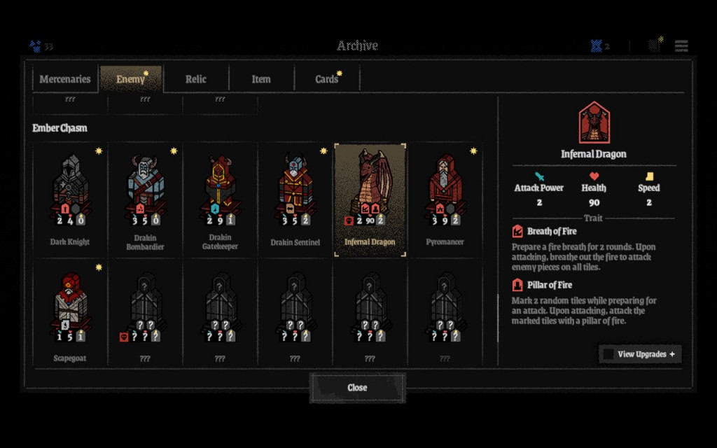 Enemy archive screen from Piece of Mind showing foes from the Ember Chasm region. The highlighted entry on the right displays the Infernal Dragon with its stats: attack power 2, health 90, and speed 2. Two traits are listed — Breath of Fire, which prepares for two rounds before releasing a sweeping fire attack across all tiles, and Pillar of Fire, which marks two random tiles before striking them during the attack. Other visible enemies include Dark Knight, Drakin Bombardier, Drakin Gatekeeper, Drakin Sentinel, Pyromancer, and Scapegoat, each shown with their respective stats. Several unknown enemies appear as question‑mark icons.