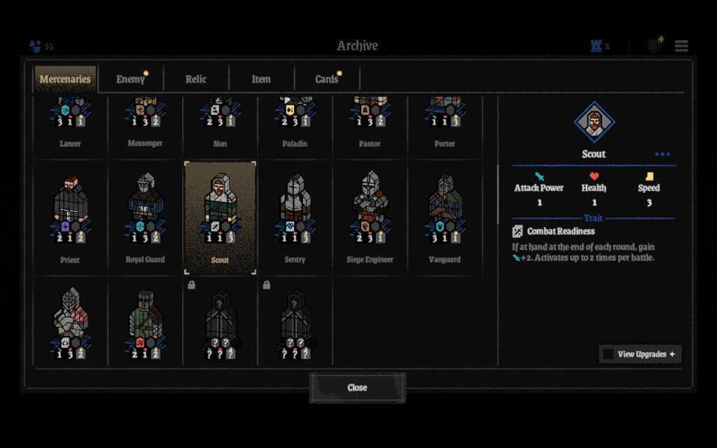 Character archive screen from Piece of Mind showing a grid of mercenary cards. The selected card, Scout, sits in the centre with its details highlighted. On the right, the panel lists Scout’s stats: attack power 1, health 1, speed 3, plus the Combat Readiness trait, which grants +2 attack when the unit remains in hand at the end of a round, up to two times per battle. Other mercenaries such as Lancer, Messenger, Nun, Paladin, Pastor, Porter, Priest, Royal Guard, Sentry, Siege Engineer, and Vanguard appear in the surrounding grid, with several locked cards shown as question marks. Tabs along the top include Enemy, Relic, Item, and Cards, with a View Upgrades button beneath the trait description. 