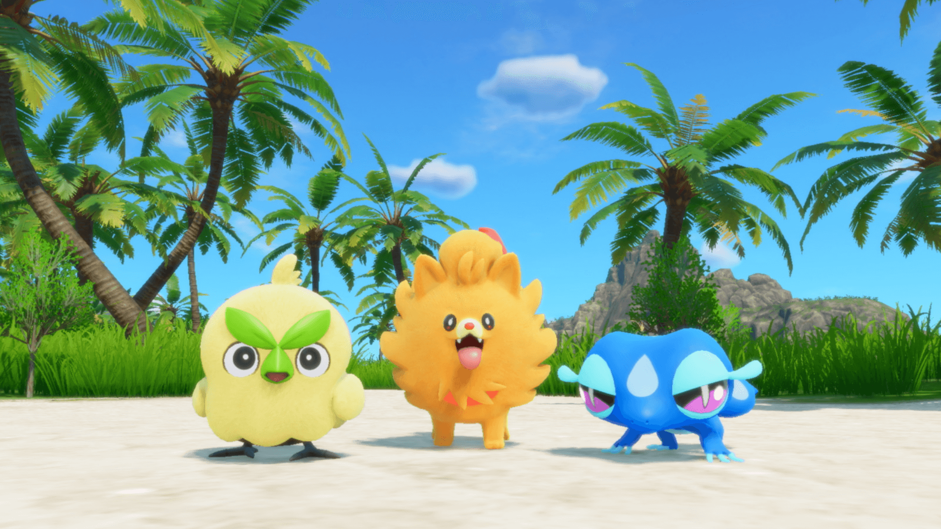 The 3 new starters. A green chick, an orange puppy and a blue gecko.