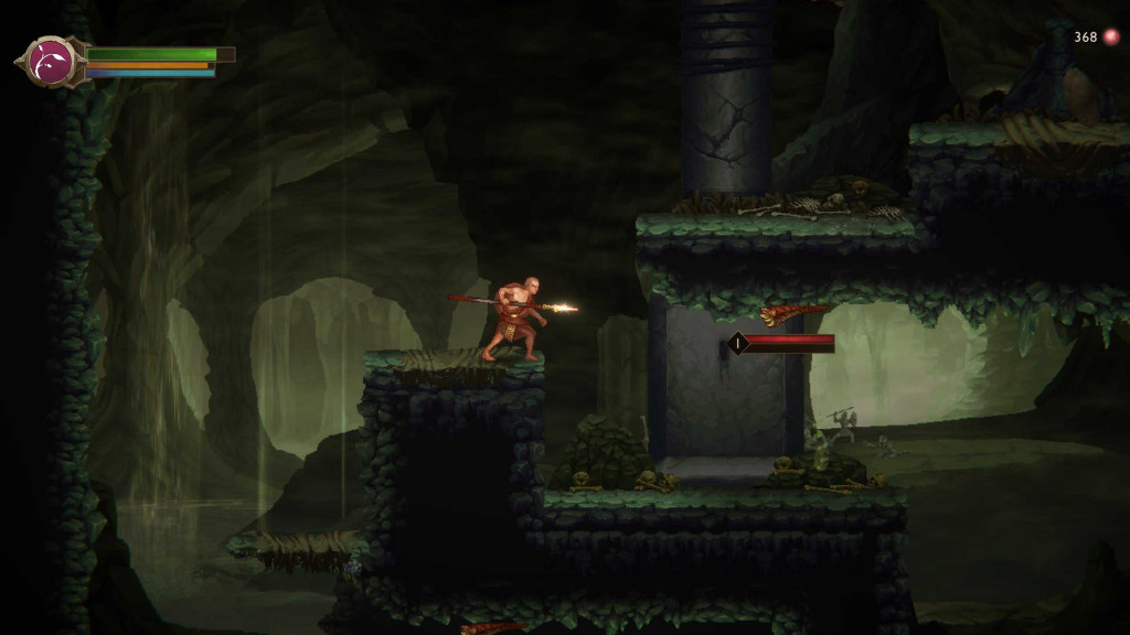 A warrior in armor battles a skeleton in a dark cave with mossy stone platforms. Dim lighting and shadows create a tense, mysterious atmosphere.