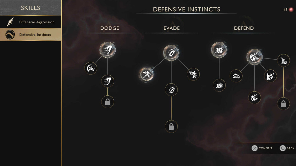 Game skill tree interface showing 'Defensive Instincts' with categories: 'Dodge,' 'Evade,' and 'Defend.' Circular icons represent skills, with some connected by lines. Locked icons indicate unavailable skills. A menu on the left shows 'Offensive Aggression' and 'Defensive Instincts.' The layout is set against a dark, cloudy background.