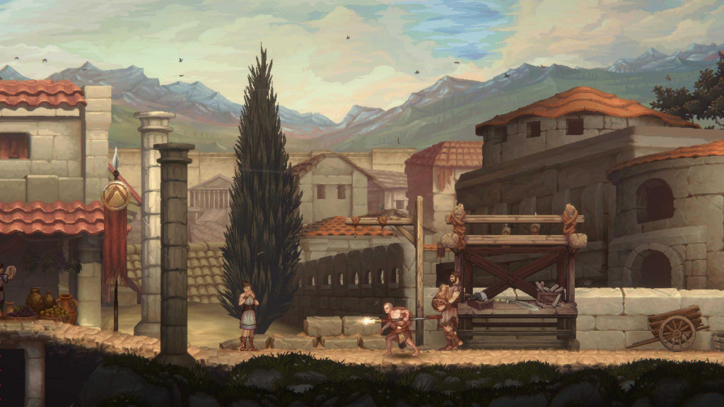 A village scene with stone houses and red-tiled roofs set against a mountain backdrop. Figures in armor and tunics are active, conveying a historical atmosphere.