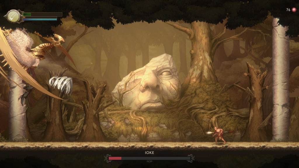 A fantasy forest scene with a giant stone face in the background. A skeletal bird-like creature and a warrior face off, conveying tension and drama.