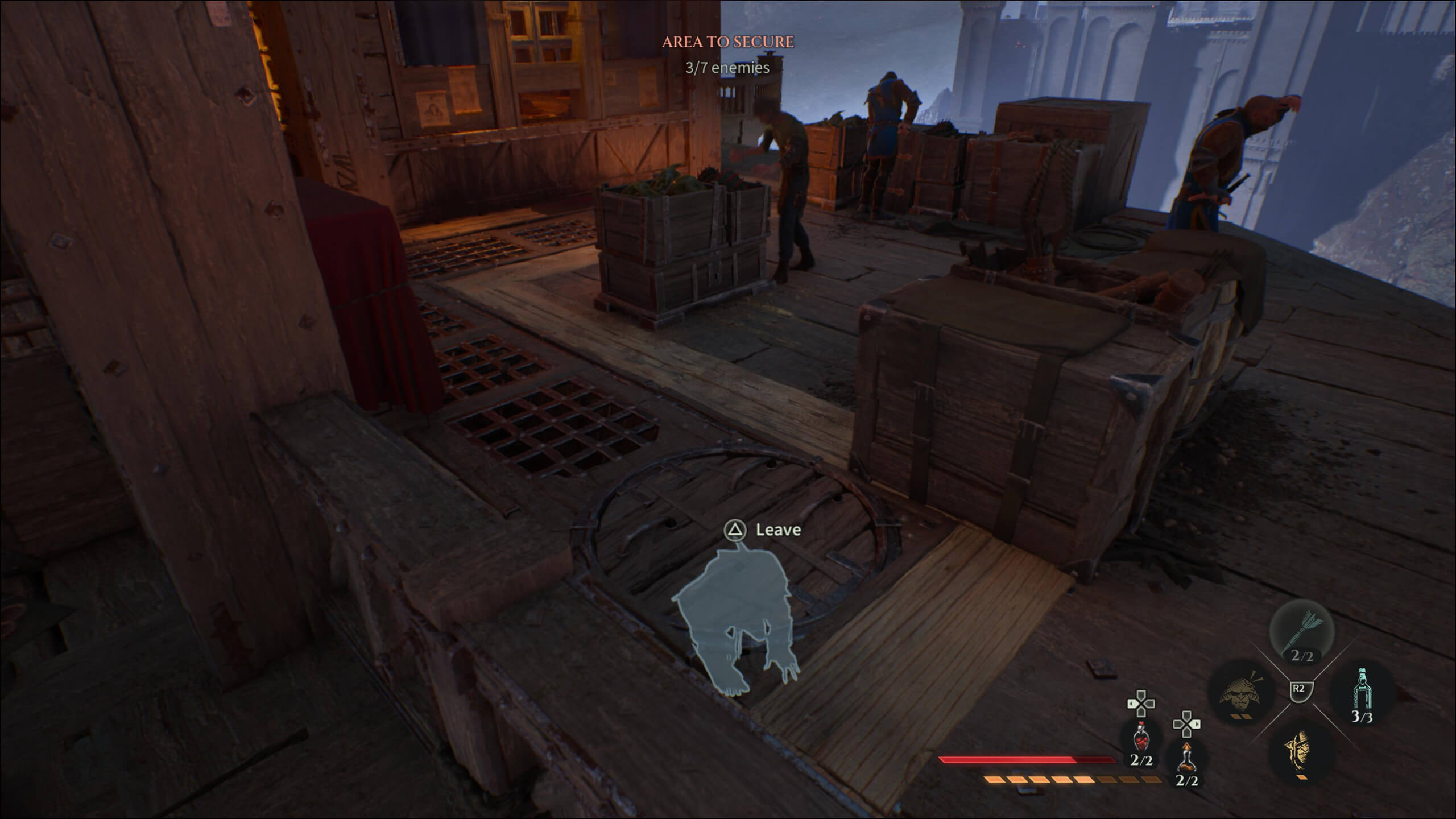 Screenshot from Styx: Blades of Glory. Styx hides beneath a grate and waits for the right moment to attack. 