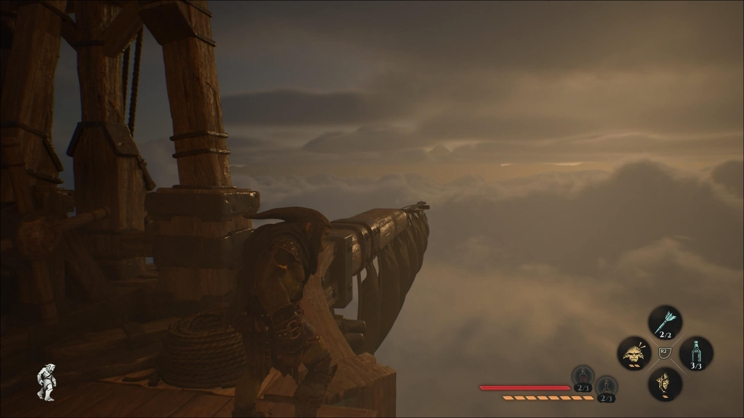Screenshot from Styx: Blades of Glory. Styx stands aboard his floating ship, flying high above a layer of fluffy, white clouds.