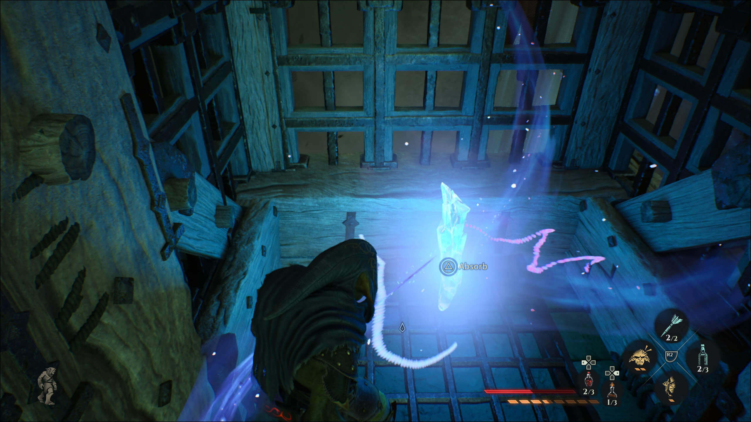 Screenshot from Styx: Blades of Glory. Styx stands in a small, cage-like structure, in front of a glowing, blue crystal. 