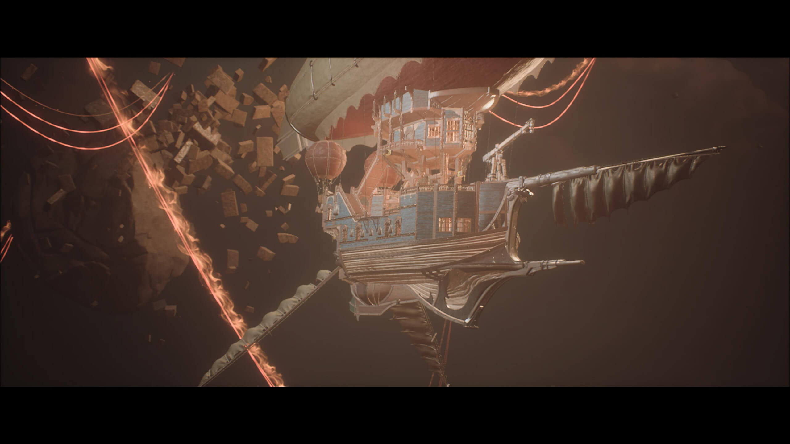 Screenshot from Styx: Blades of Glory. Flying balloon ship arrives at floating city. 