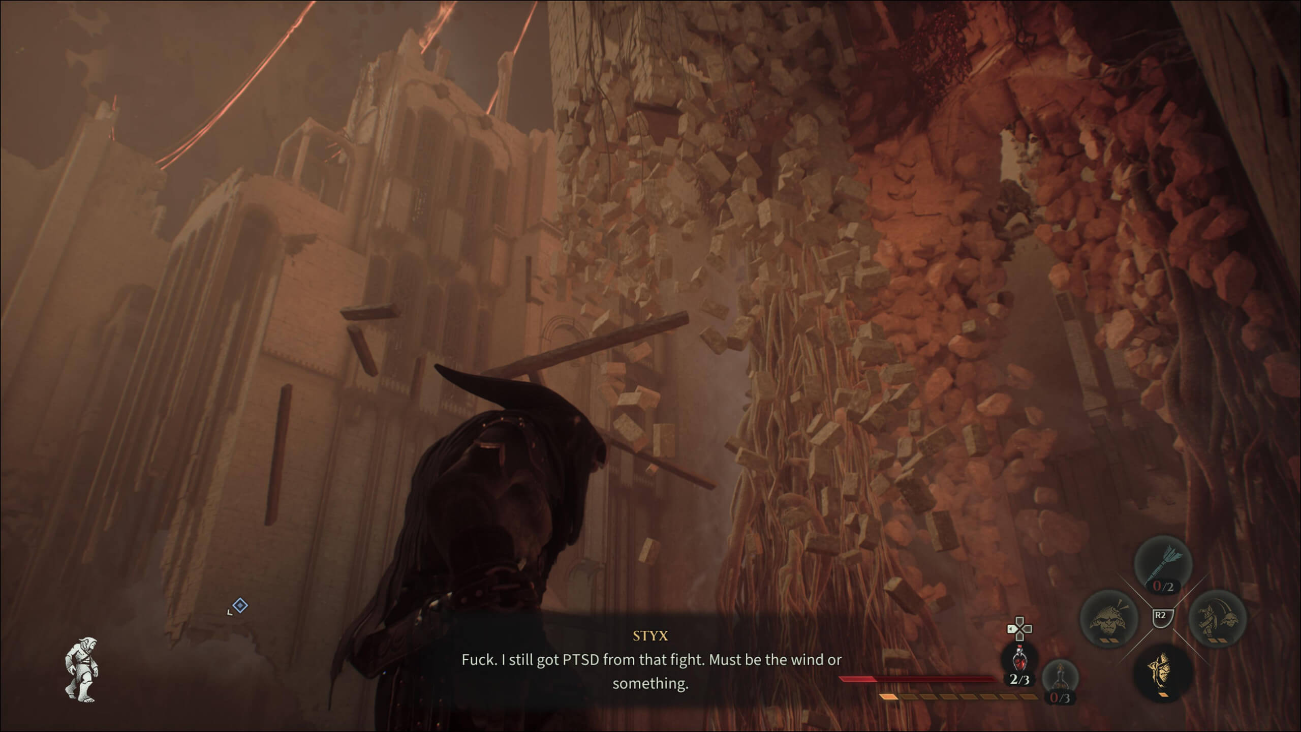 Screenshot from Styx: Blades of Glory. Styx stands among the floating ruins of a castle like structure. Subtitles read "Fuck. I still got PTSD from that fight, Must be the wind or something."