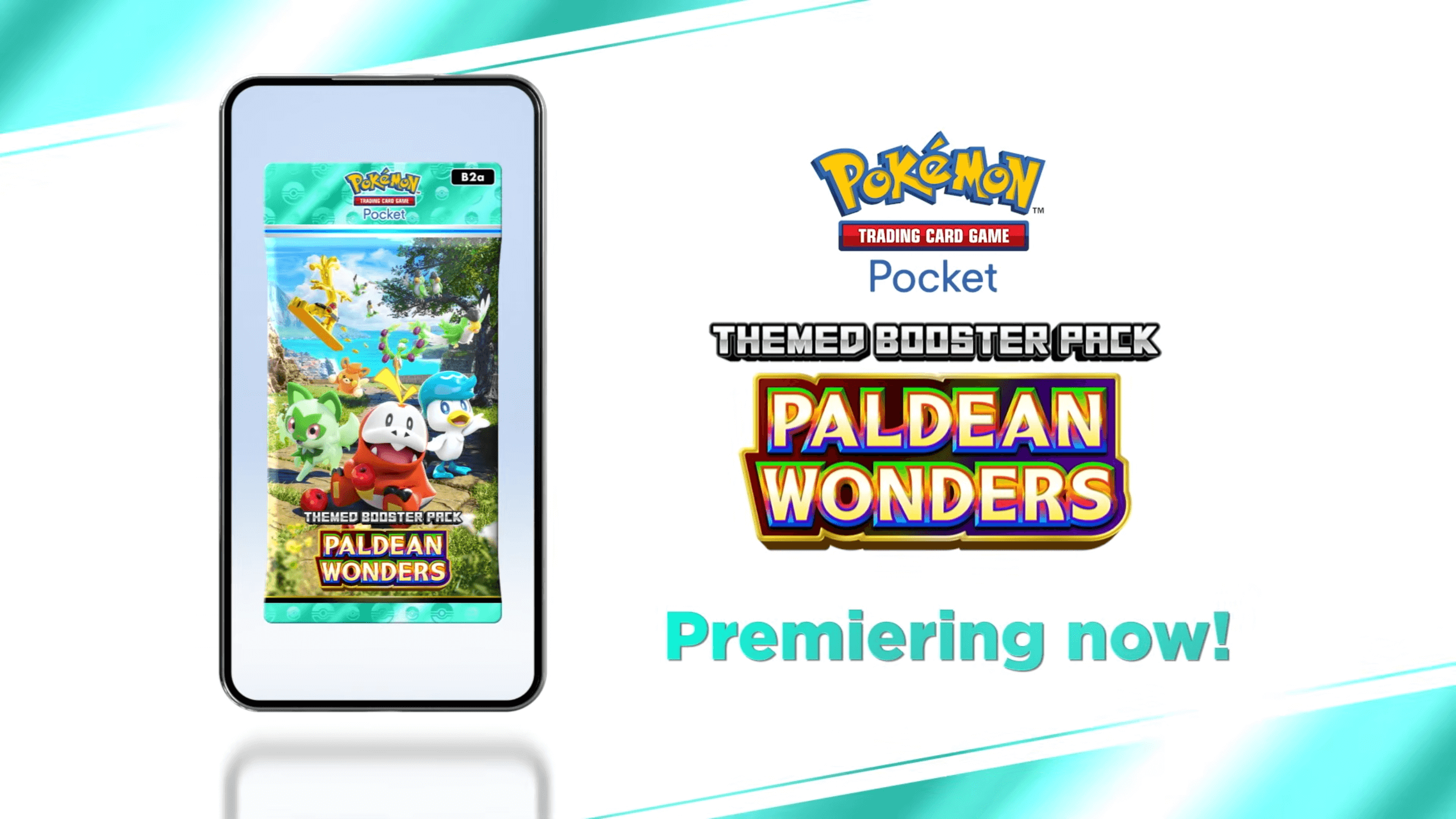 PALDEAN WONDERS, premiering now. A pack of the set can be seen on the screen of a phone on the left side of the image.