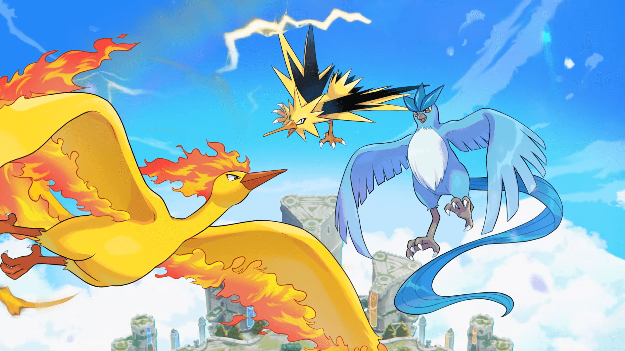 Articuno, Zapdos and Moltres are flying in front of the Pokémon Unite stadium.