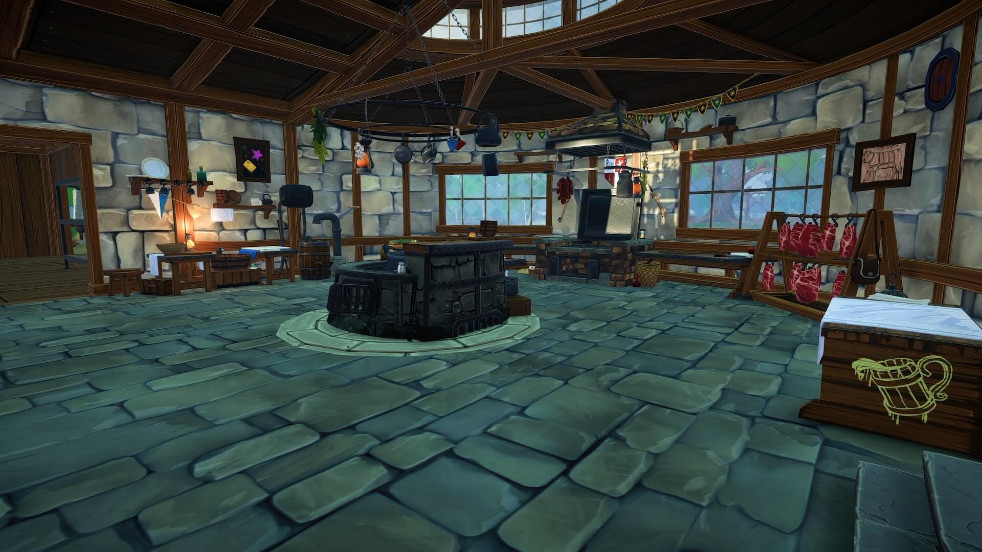 A fully furnished kitchen, with wash basin, drying racks, and cooker all cleaned and ready for use.