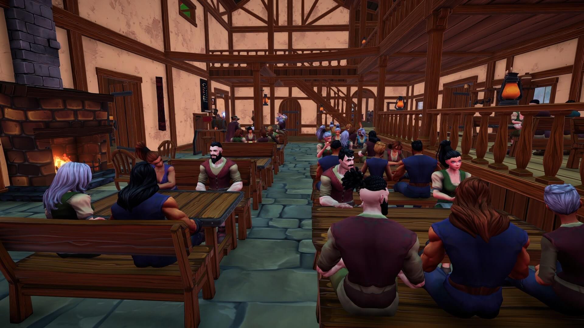 Large groups of patrons sit on various tables. The tavern is bustling with activity!