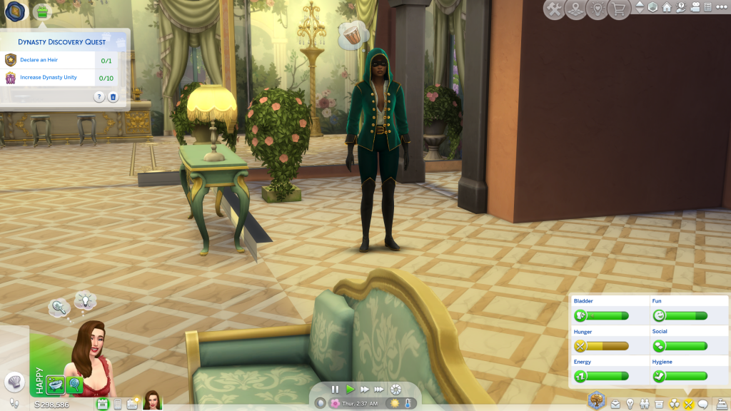 A character in a green hooded outfit stands in an elegant room with ornate decor and plants. UI elements show gameplay stats. The mood is playful and immersive.