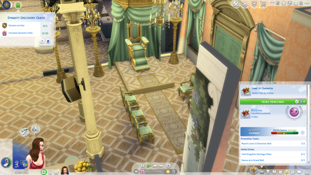 In a virtual kingdom's throne room, a luxurious chair and ornate decorations are visible. Menus and icons overlay the scene, suggesting a game interface.