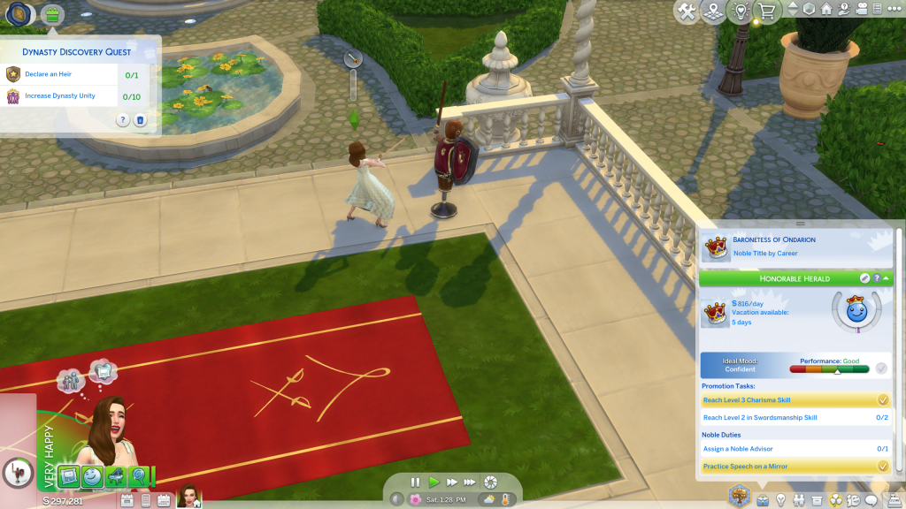 A Sims character practices fencing near a hedge-lined patio with a decorative fountain. The interface shows a Dynasty Discovery Quest and a "Very Happy" mood.