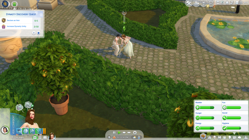 In a lush garden setting, two Sims are dancing near hedges. A checklist and mood bars are visible, indicating a quest and emotional states.