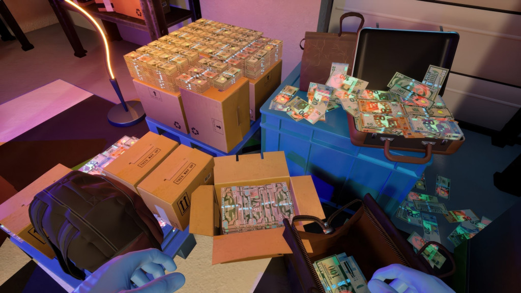 Several cardboard boxes and briefcases full of cash are are being packed by the player.
