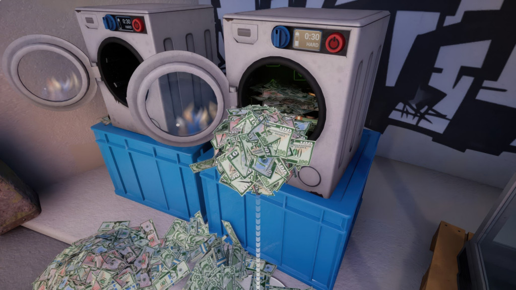 The player grabs a large pile of cash. They are placing it inside a washing machine in order to clean it.
