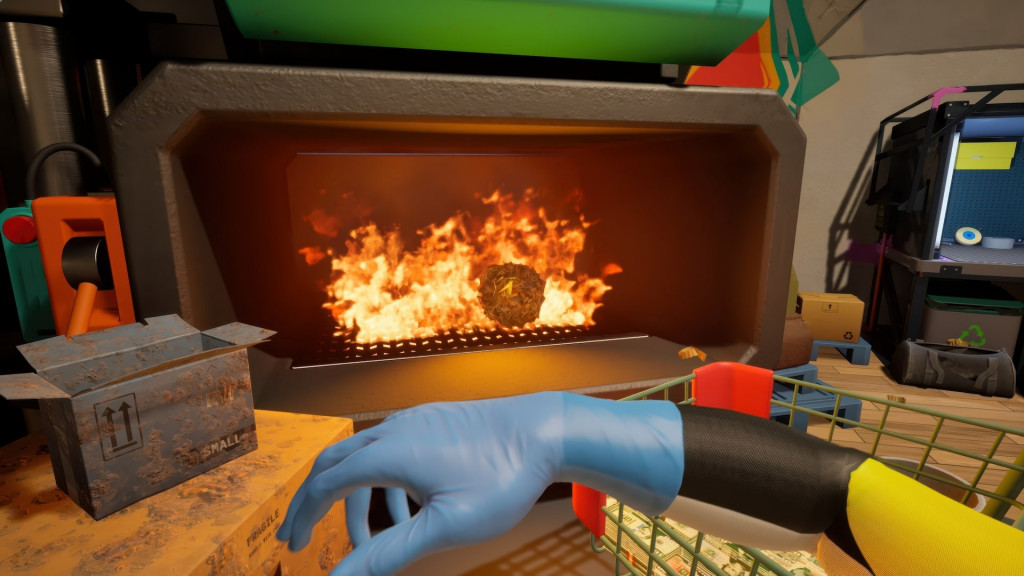 The player throws a ball of money into a furnace.