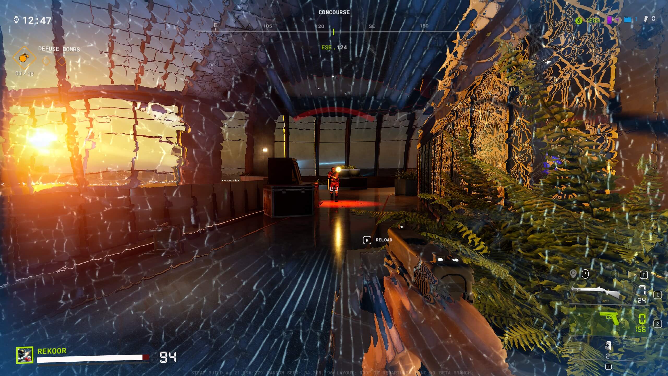 A sunlit interior with cracked windows, featuring a player aiming a weapon amidst foliage and scattered equipment. Game HUD visible.