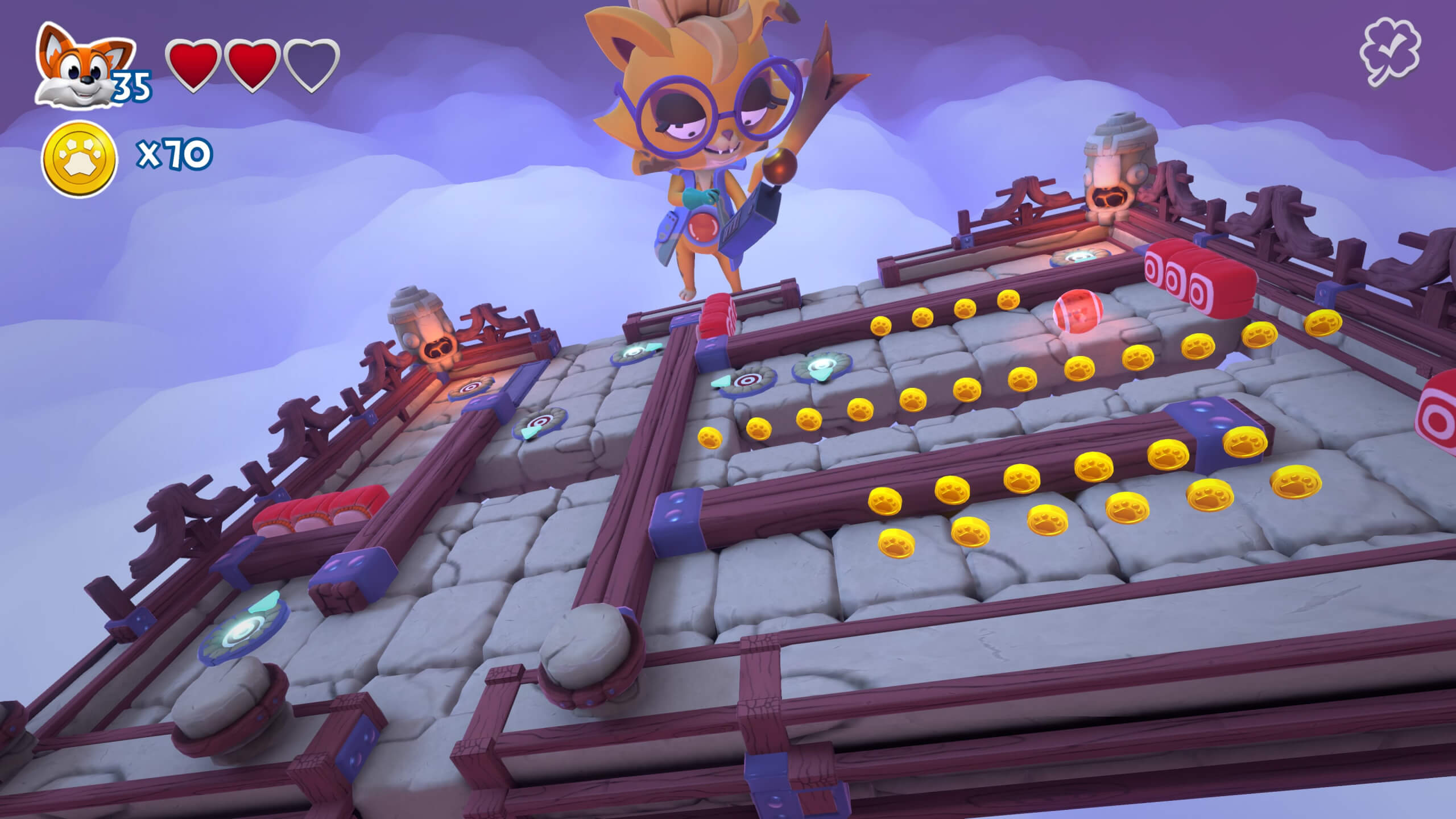 Lucky the fox, inside a ball navigating a maze while a giant cat looks on