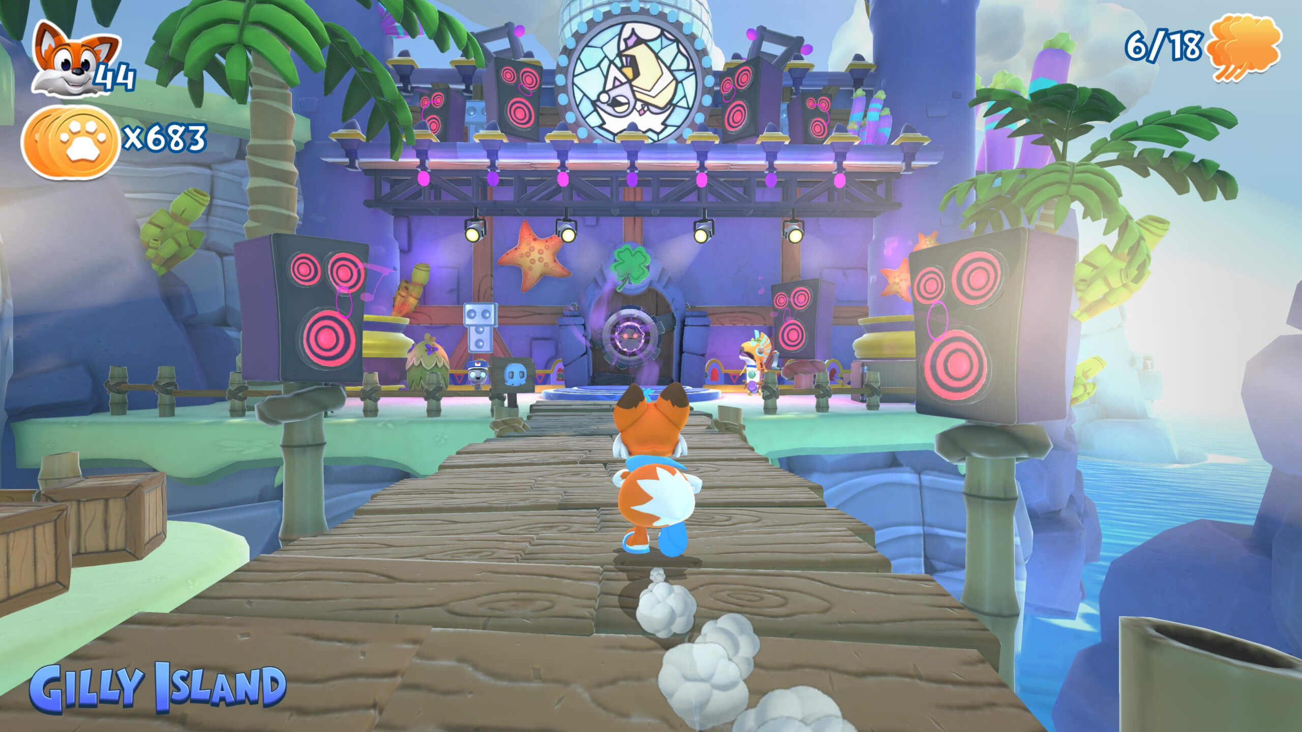 Lucky a cartoon fox runs towards a purple building surrounded by large music speakers and palm trees