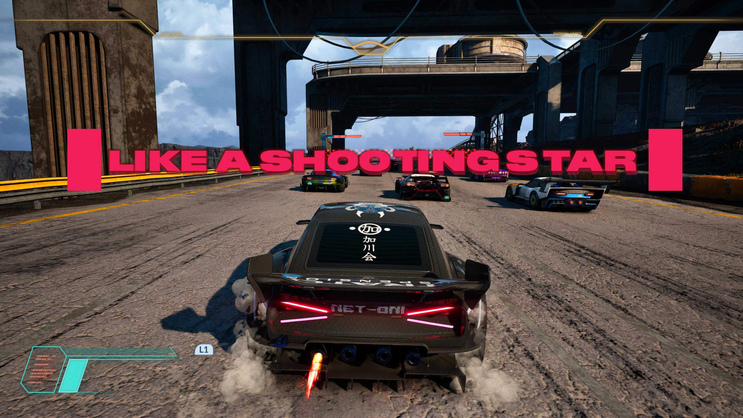 Racing cars speed on a track under a bridge. A flaming exhaust trail and neon HUD emphasize motion. Text reads "LIKE A SHOOTING STAR," conveying excitement.