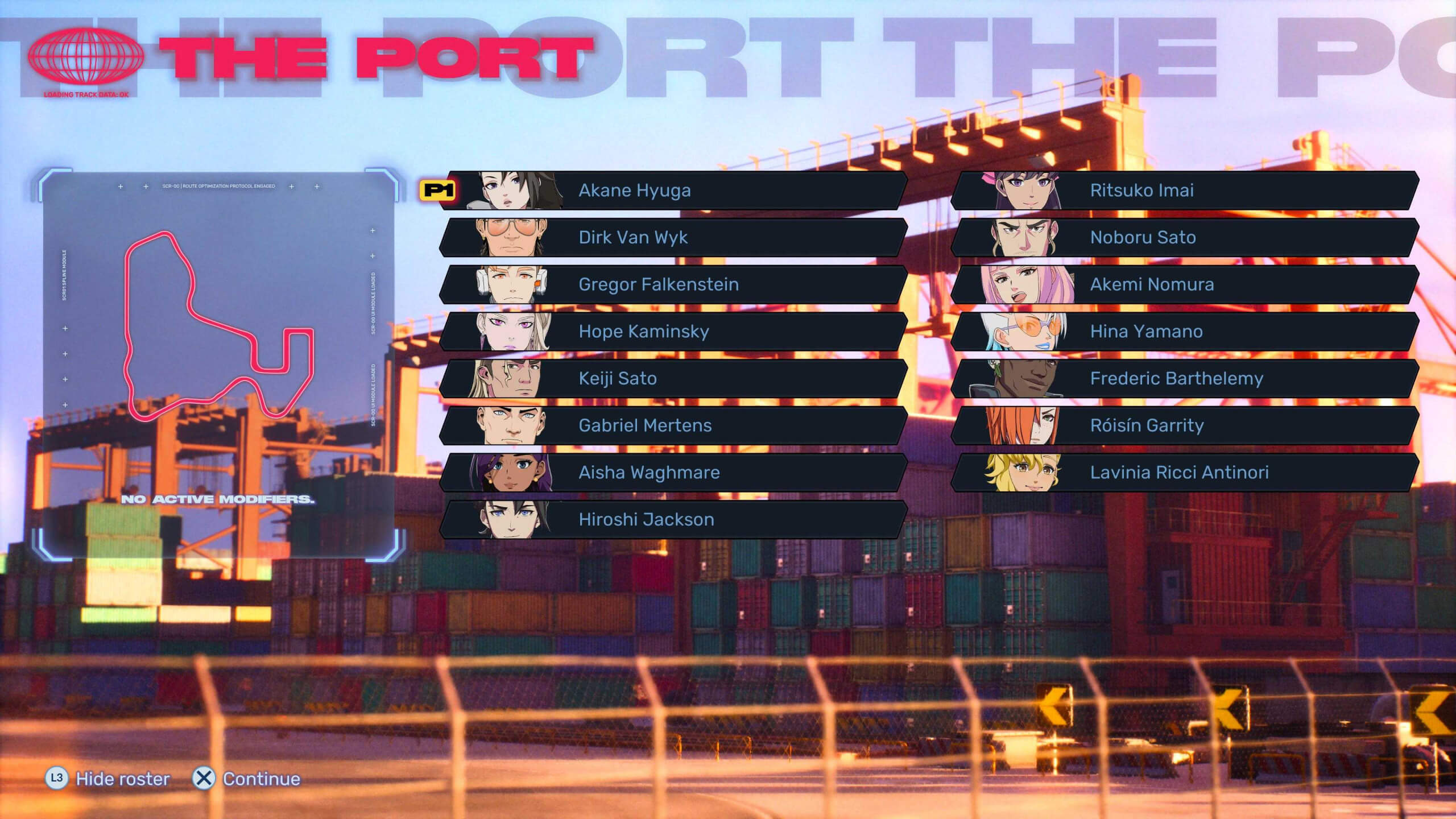 Video game menu screen titled "The Port" with a map in the top left and player character names listed in a grid. Background shows a shipping yard.
