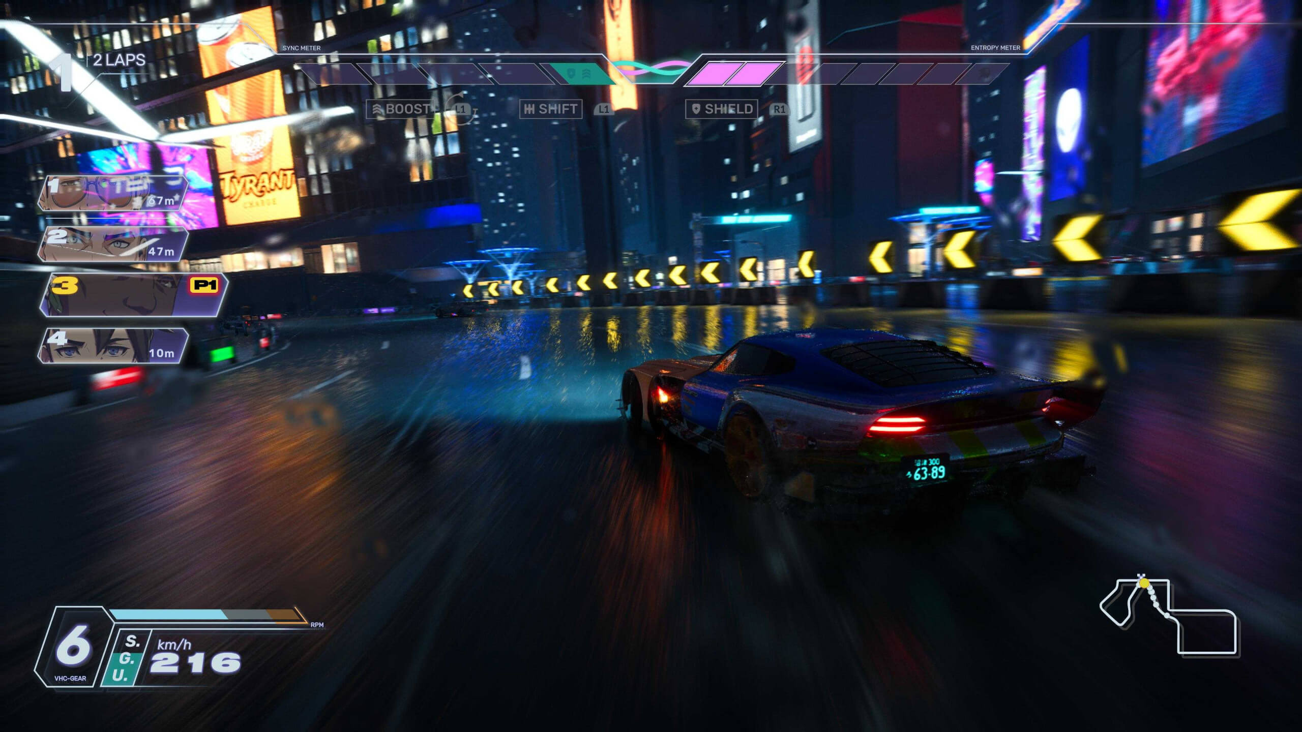 A sleek sports car races on a wet, neon-lit city track at night. Digital displays show race stats, with an atmosphere of speed and intensity.