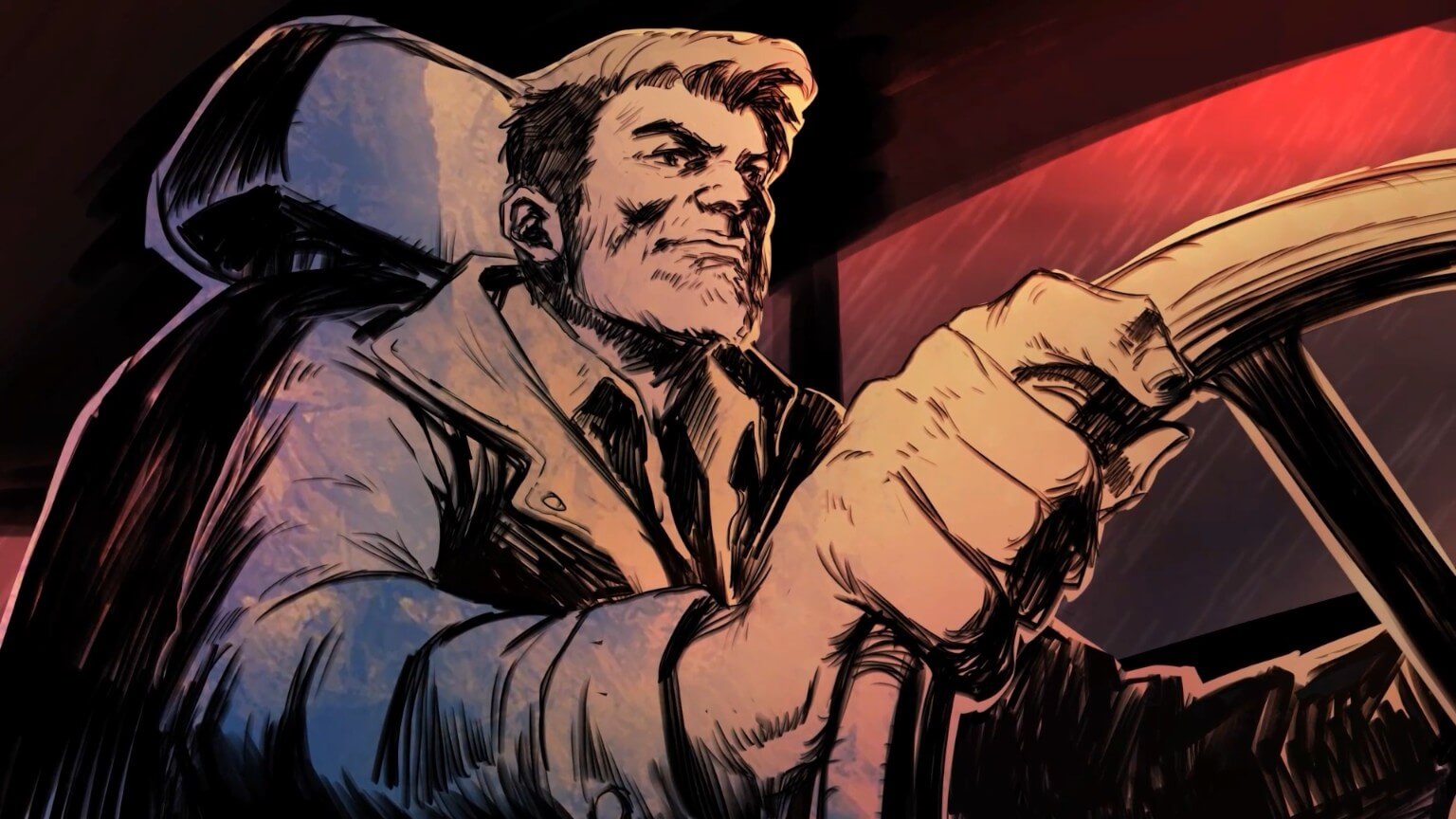 A comic panel mainly in black and white, with a red background from the cars side window. The man has one hand on a steering wheel, and is wearing a trench coat. 