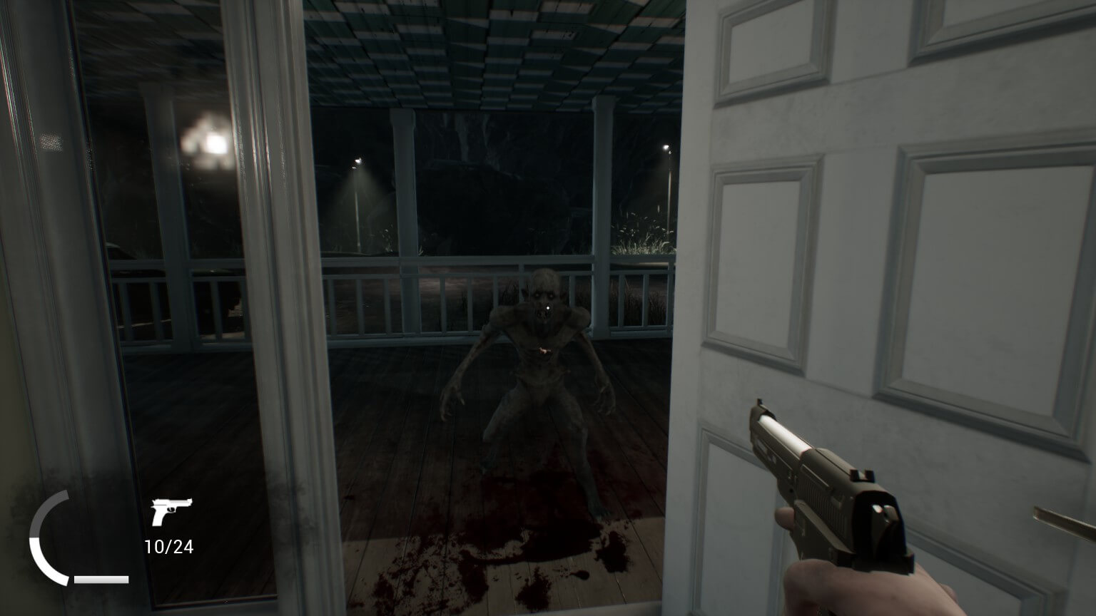 A vampire stood outside in a threatening stance, while the player is pointing a gun at them.
