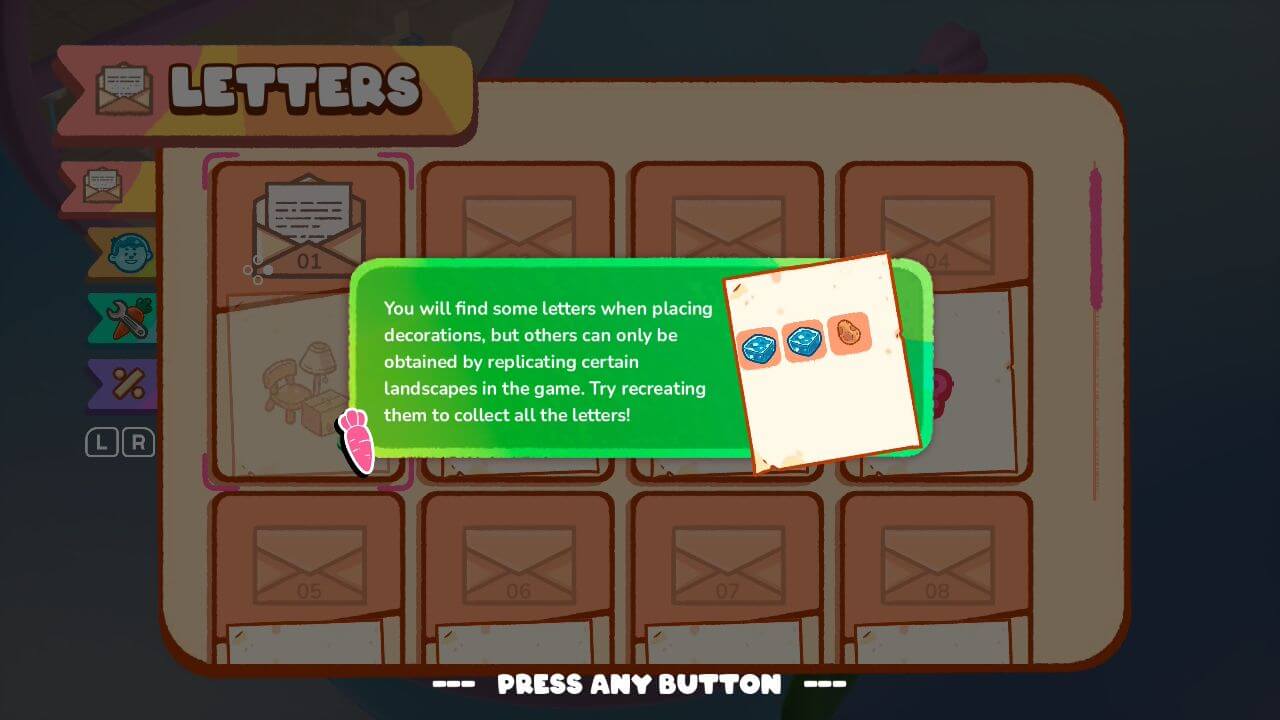 A menu telling the player that they can receive letters by meeting certain criteria, like getting a certain lineup of tiles on the map.