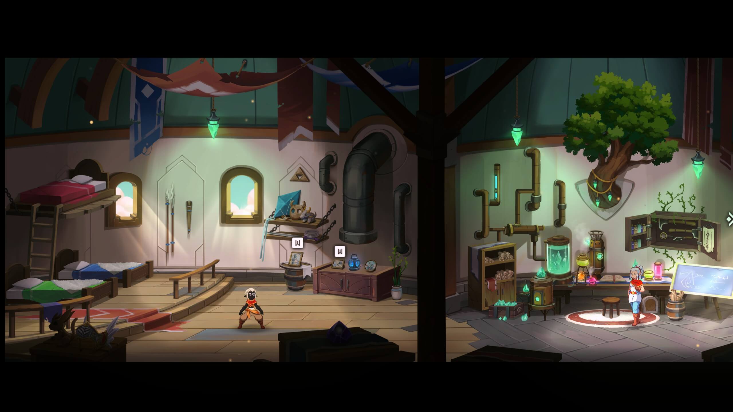 Hira stands in his house. On a shelf behind him, and a chest of drawers in front of him, various items from other games can be seen. Some of those games include Legend of Zelda, Hollow Knight, and Ori and the Will of the Wisps.