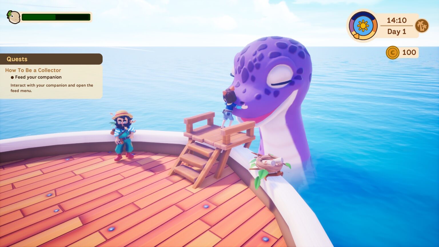 A large dinosaur-like head popping out of the ocean. One person is on a platform hugging them while another is stood nearby. A nest is seen in frame with two scrolls laying in it. 