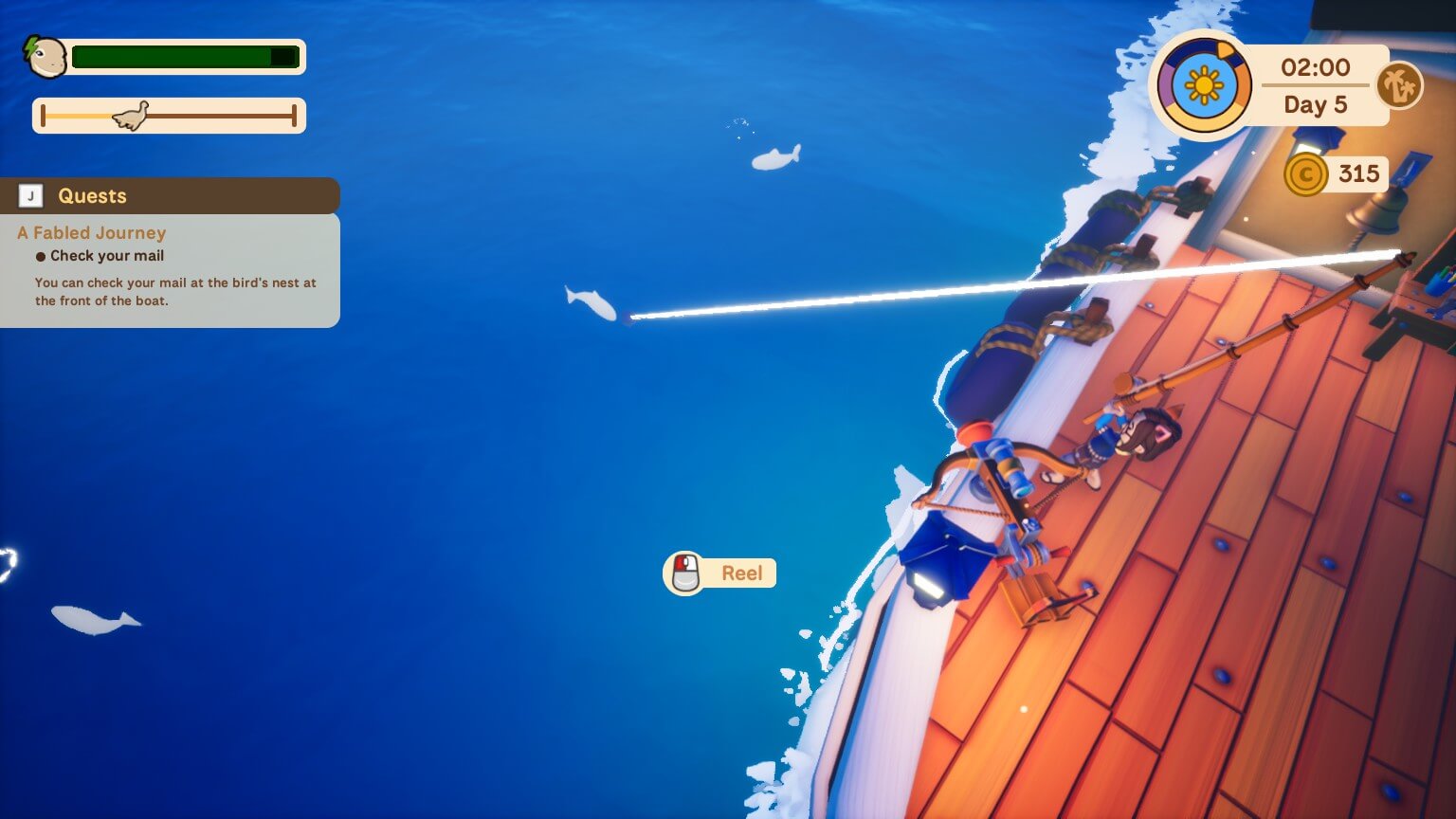 A fishing mini-game, with the game showing a white line connected to a white silhouette. On the right is the character reeling it in by lifting the rod in their hands. Other fish are seen swimming around. 