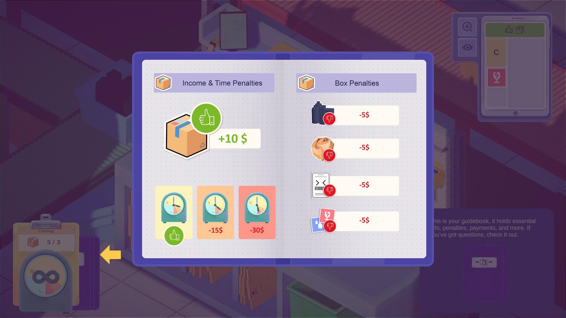A blue book displaying the worth of boxes and how the player might be penalised for messing up. The right side shows the specifics and how much will be lost to the earnings.
