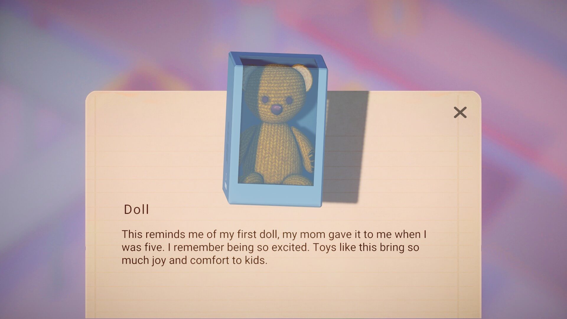 A beige page with a teddy bear in a blue box is shown. Below is a text of the thoughts Lily is having about the item. 