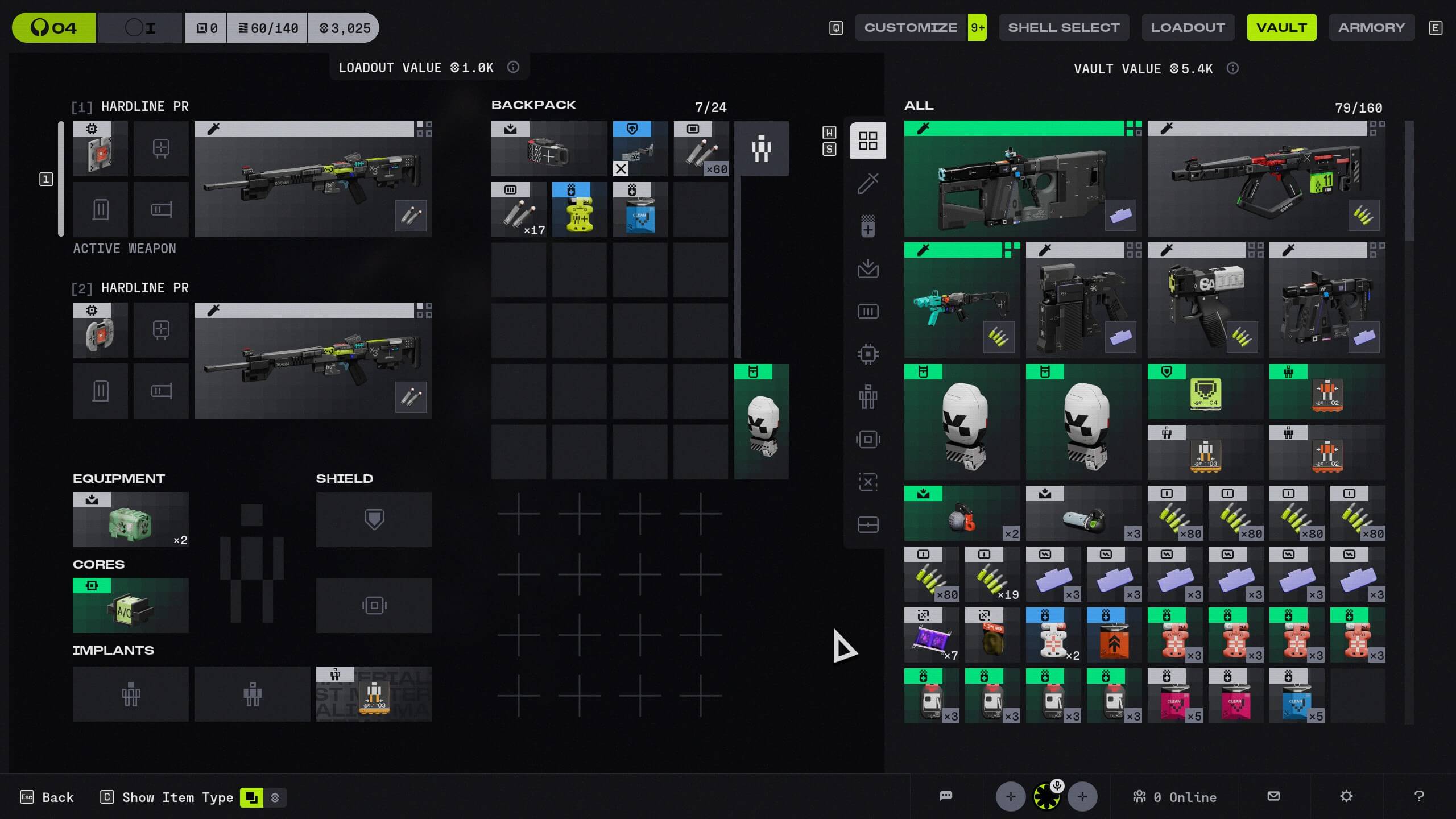 Inventory and loadout screen from a video game showing weapons, backpack items, equipment, cores, and implants.
