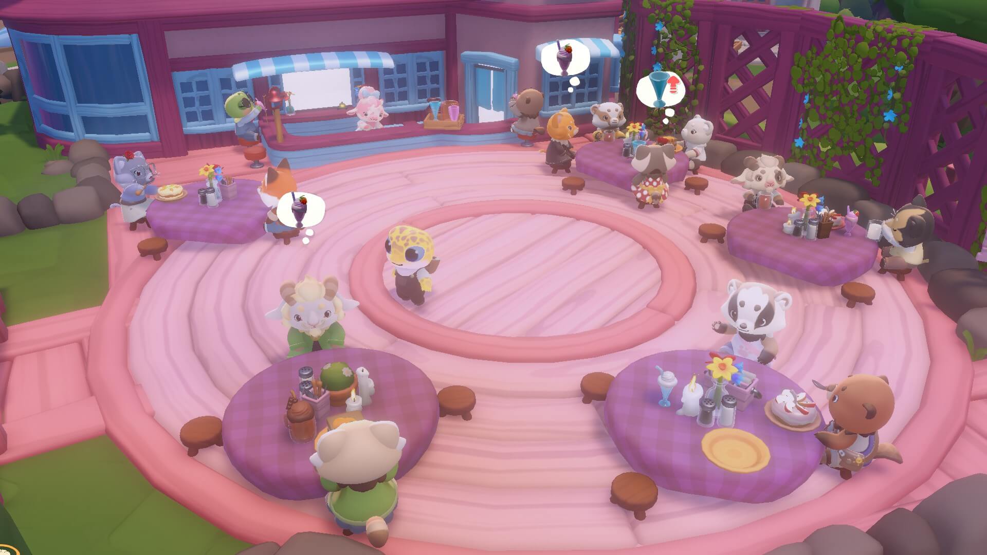 A pink platform with various animals sat around tables. Some have thought bubbles over their heads, indicating for a certain beverage. Two are after a chocolate milkshake while one needs the empty glass removed. 