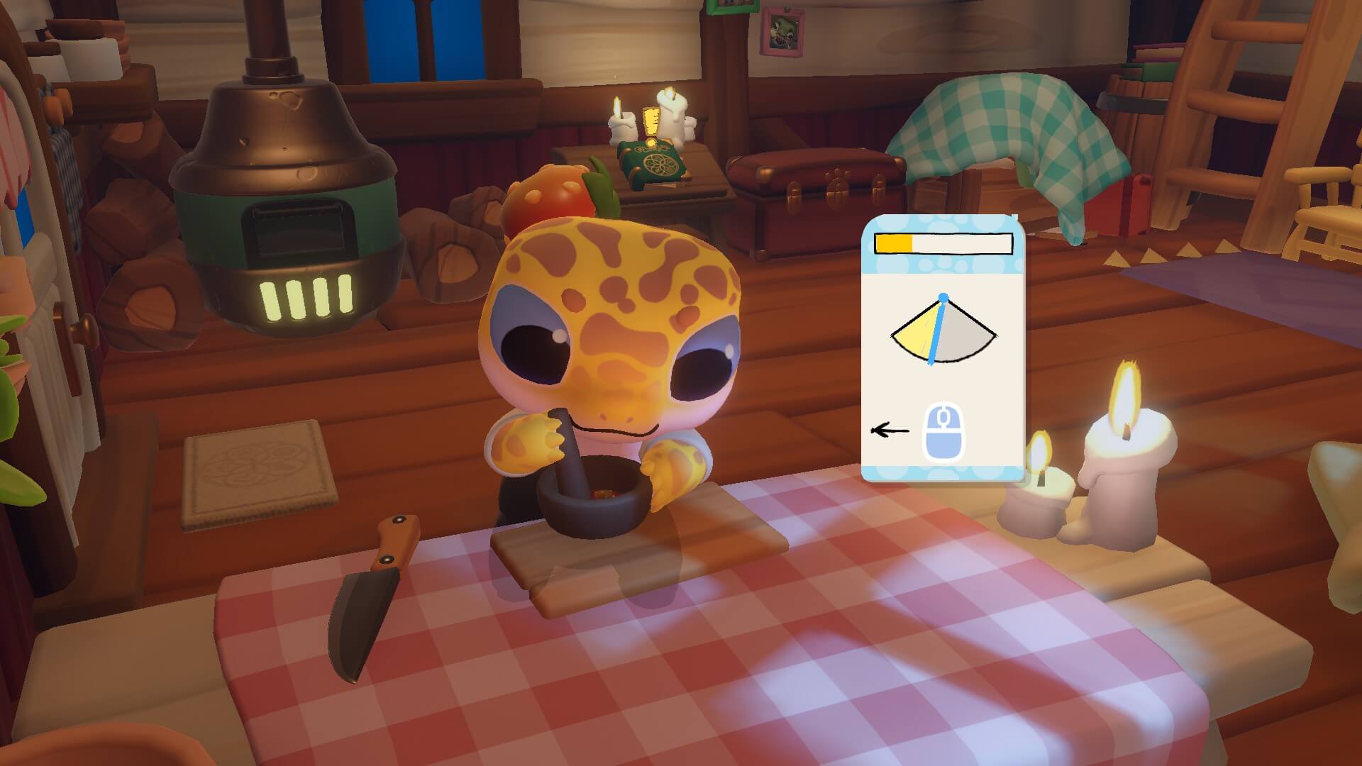 A yellow gecko with brown spots, is cooking with a mortal and pestle. To the right is a mini-game for the player to do while cooking. The area is a cosy little wooden room with the gecko stood at a table with a red and white chequered cloth. 