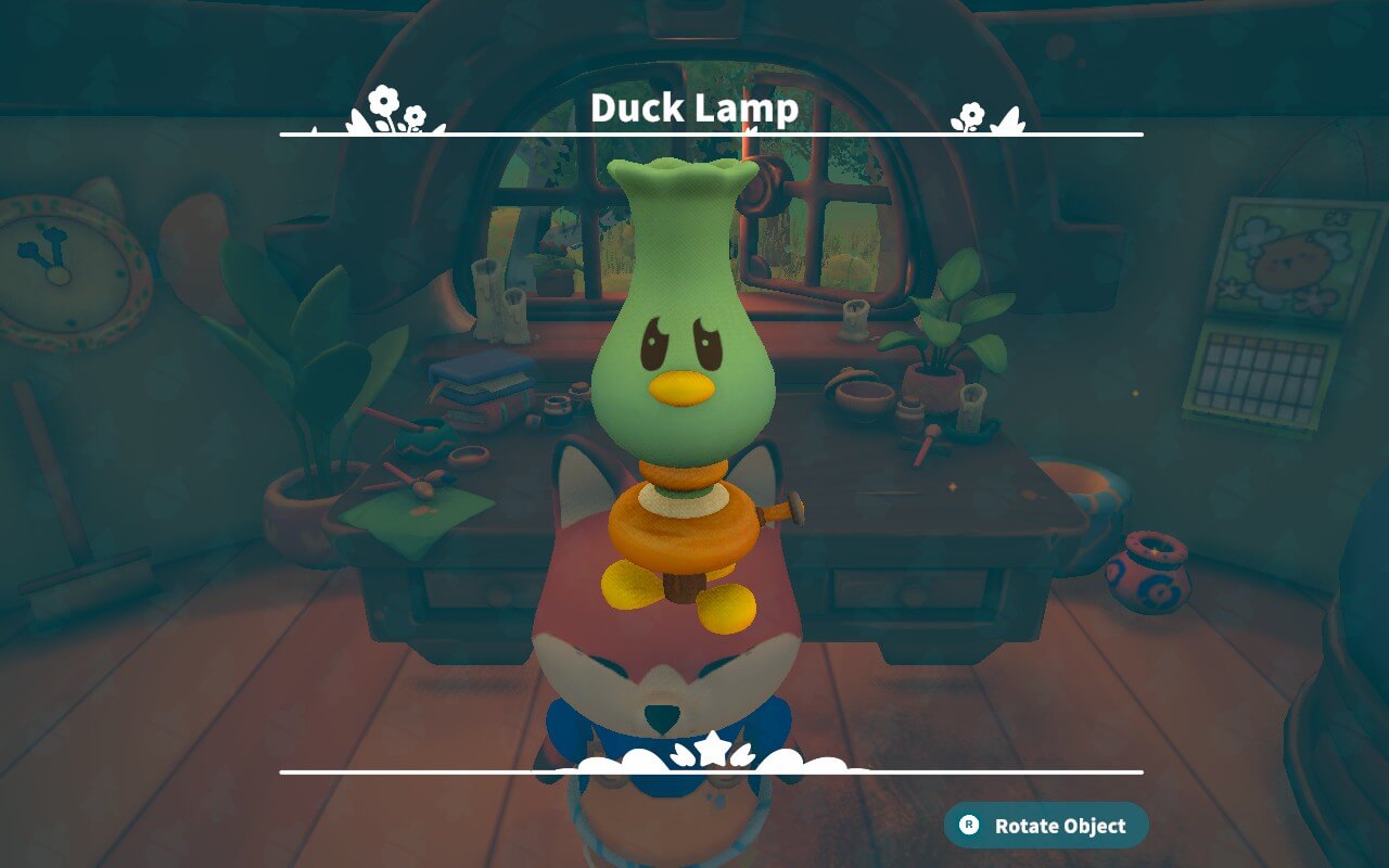 A whimsical room with a wooden desk, cluttered with books and plants. A quirky, animated "Duck Lamp" sits atop a fox’s head, smiling. Cozy and playful.
