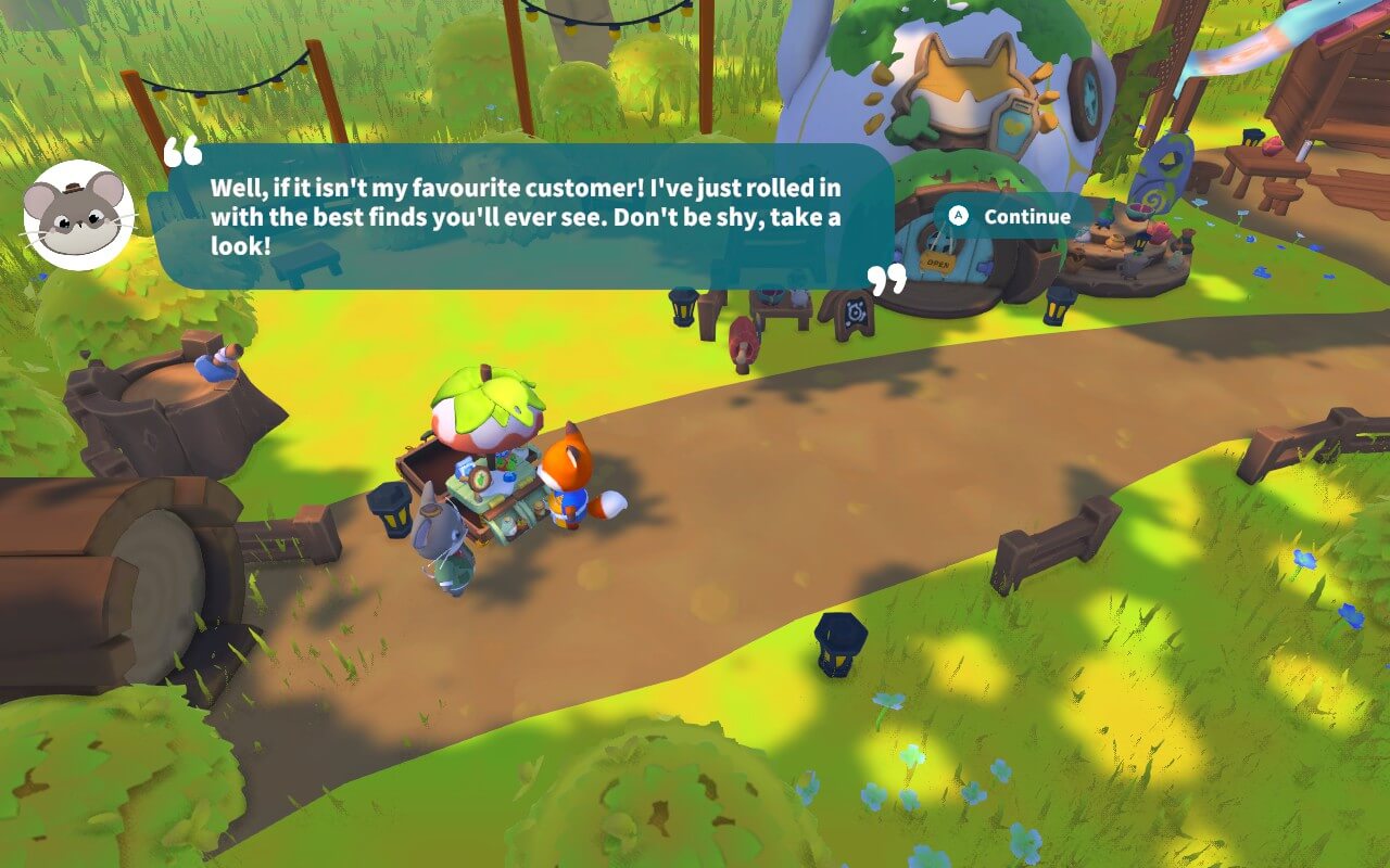 Colorful animated scene of a fox and mouse character talking in a sunny forest market. A dialogue reads, "Well, if it isn't my favourite customer!" Playful and inviting atmosphere.
