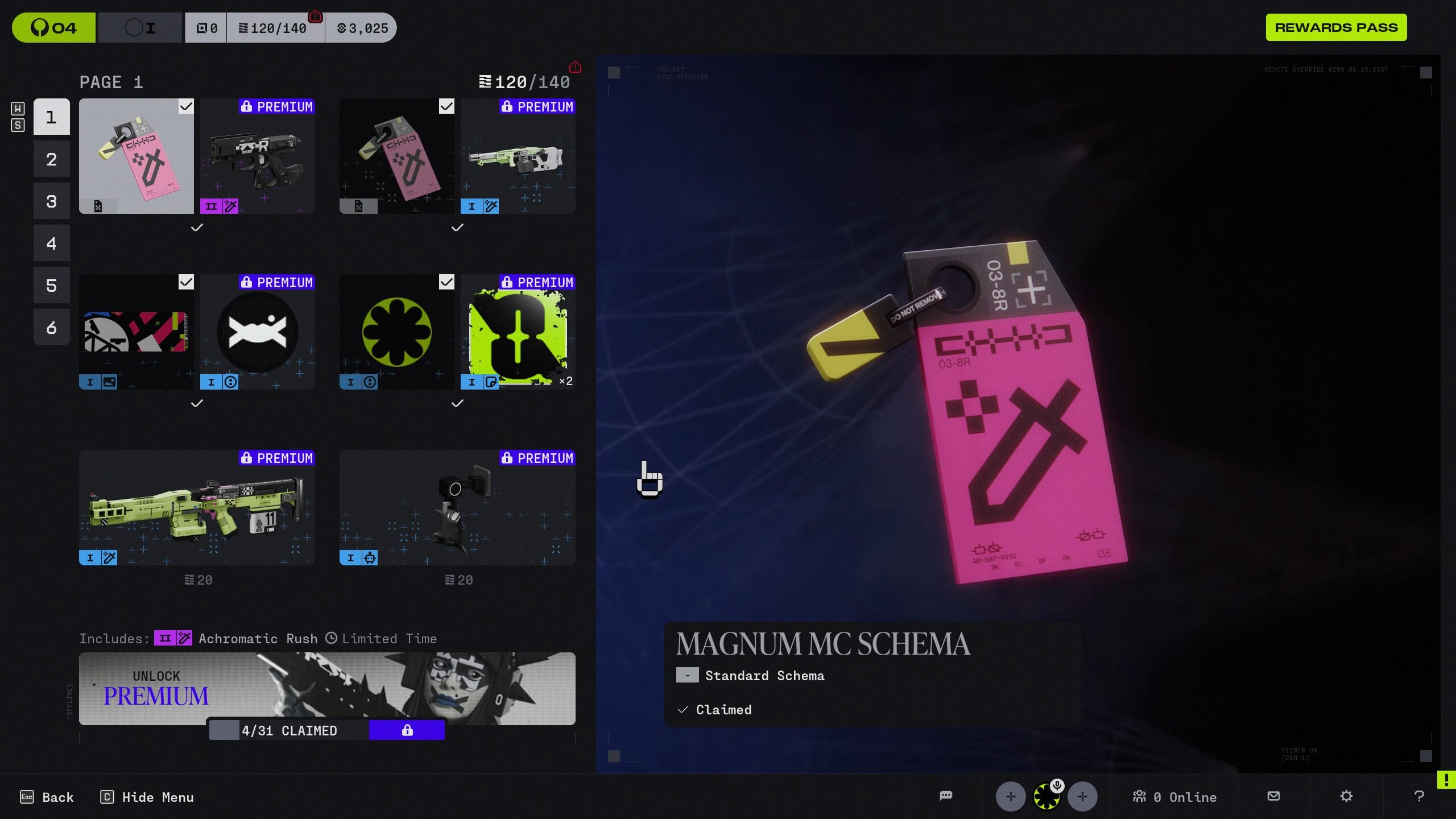 Game inventory screen showing weapon skins, emblems, and items, with "Magnum MC Schema" selected and marked as claimed.